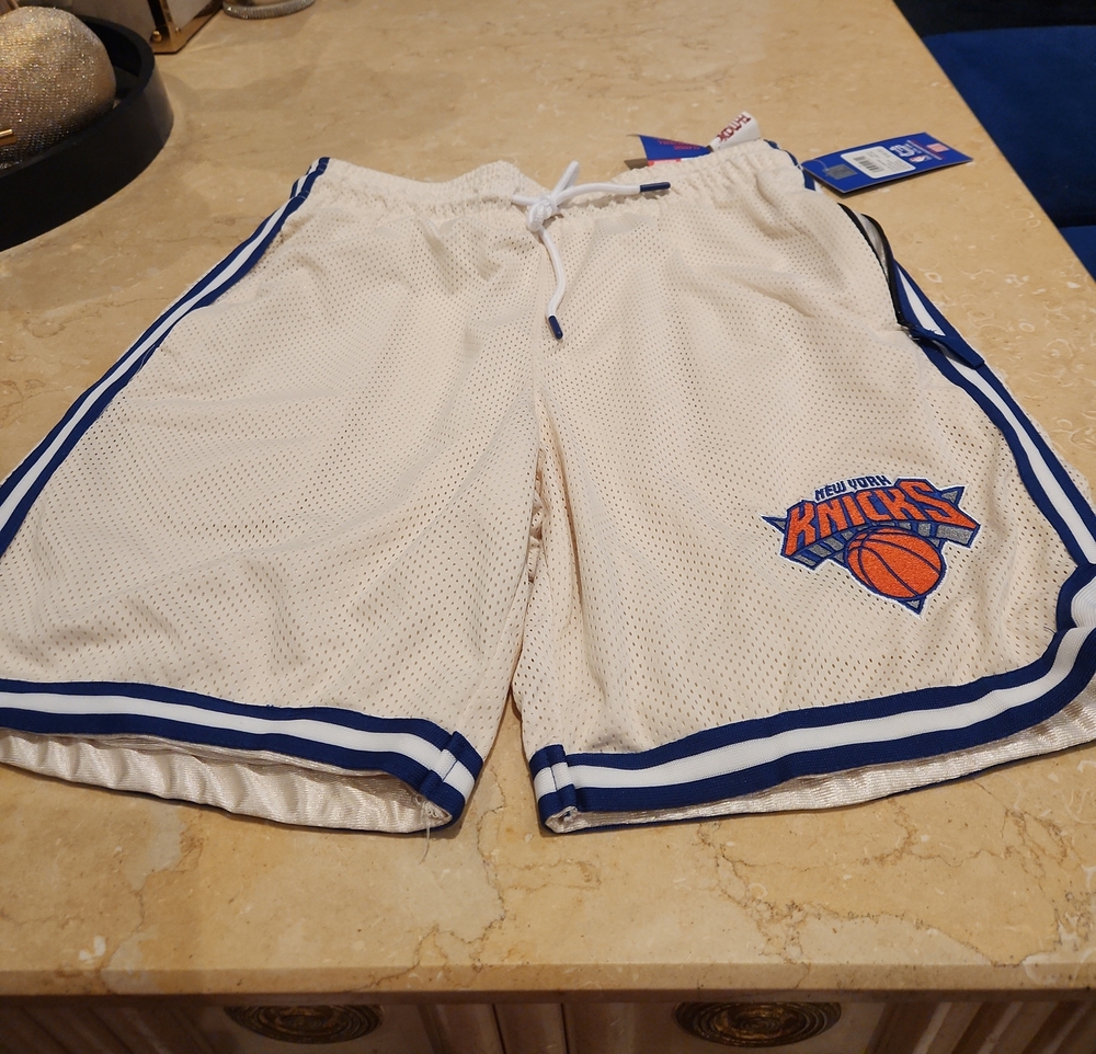 NBA New York Knicks White Mesh Basketball Shorts with Blue Trim